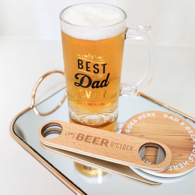 Make him laugh with this beechwood bottle opener with an etched quirky quote and a metal opener.
