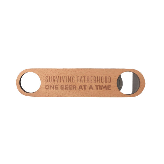 Make him laugh with this beechwood bottle opener with an etched quirky quote and a metal opener.
