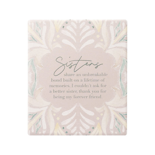 Ceramic sisters verse with embossed design, stand and hanging hook