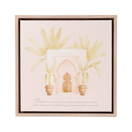Wood look framed canvas with beautiful home print, verse and hooks for hanging