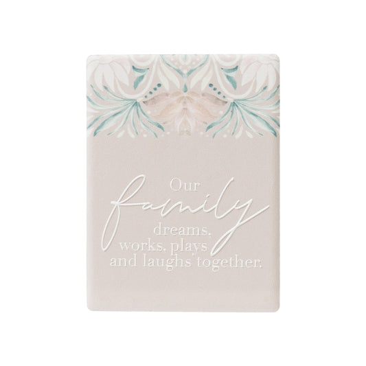 Printed and embossed ceramic magnet with family verse