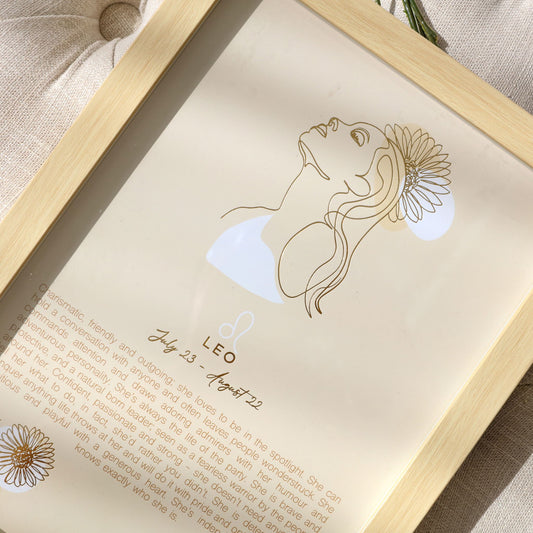 Leo Zodiac Print. The Mystique Collection features whimsical and feminine illustrations combined with a pastel colour pallete. The collection features 12x framed prints with character profiles for each astrological star sign and gold foil detail for an elegant finished look. Positive and playful, the Mystique Collection offers the perfect personalised gift solution.