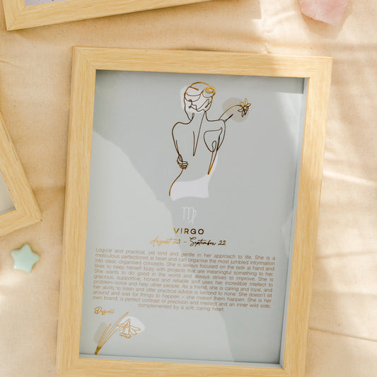 Virgo Zodiac Print. The Mystique Collection features whimsical and feminine illustrations combined with a pastel colour pallete. The collection features 12x framed prints with character profiles for each astrological star sign and gold foil detail for an elegant finished look. Positive and playful, the Mystique Collection offers the perfect personalised gift solution.