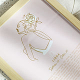 Libra Zodiac Print. The Mystique Collection features whimsical and feminine illustrations combined with a pastel colour pallete. The collection features 12x framed prints with character profiles for each astrological star sign and gold foil detail for an elegant finished look. Positive and playful, the Mystique Collection offers the perfect personalised gift solution.