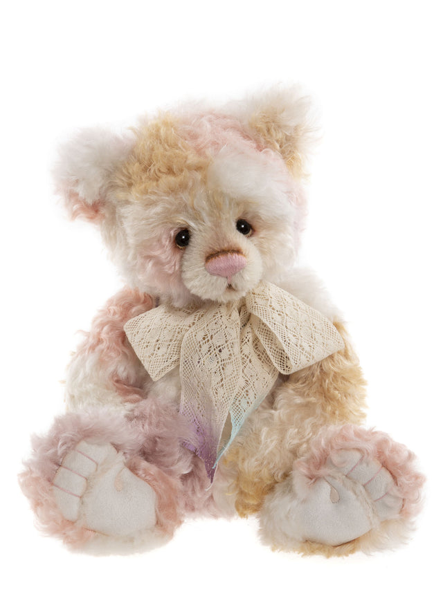 Calvin is made from Soft Curly Shades of Light Orangy Brown, Pink and White Alpaca and Mohair.  Size 38cm/15. Animal type Panda. Height in bear paws 13.