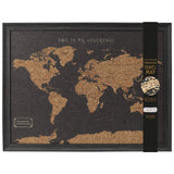 Black world travel map cork board with push pins by Splosh for tracking global travel adventures
