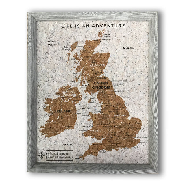 Grey UK and Ireland travel map cork board with metallic push pins by Splosh for tracking travel adventures